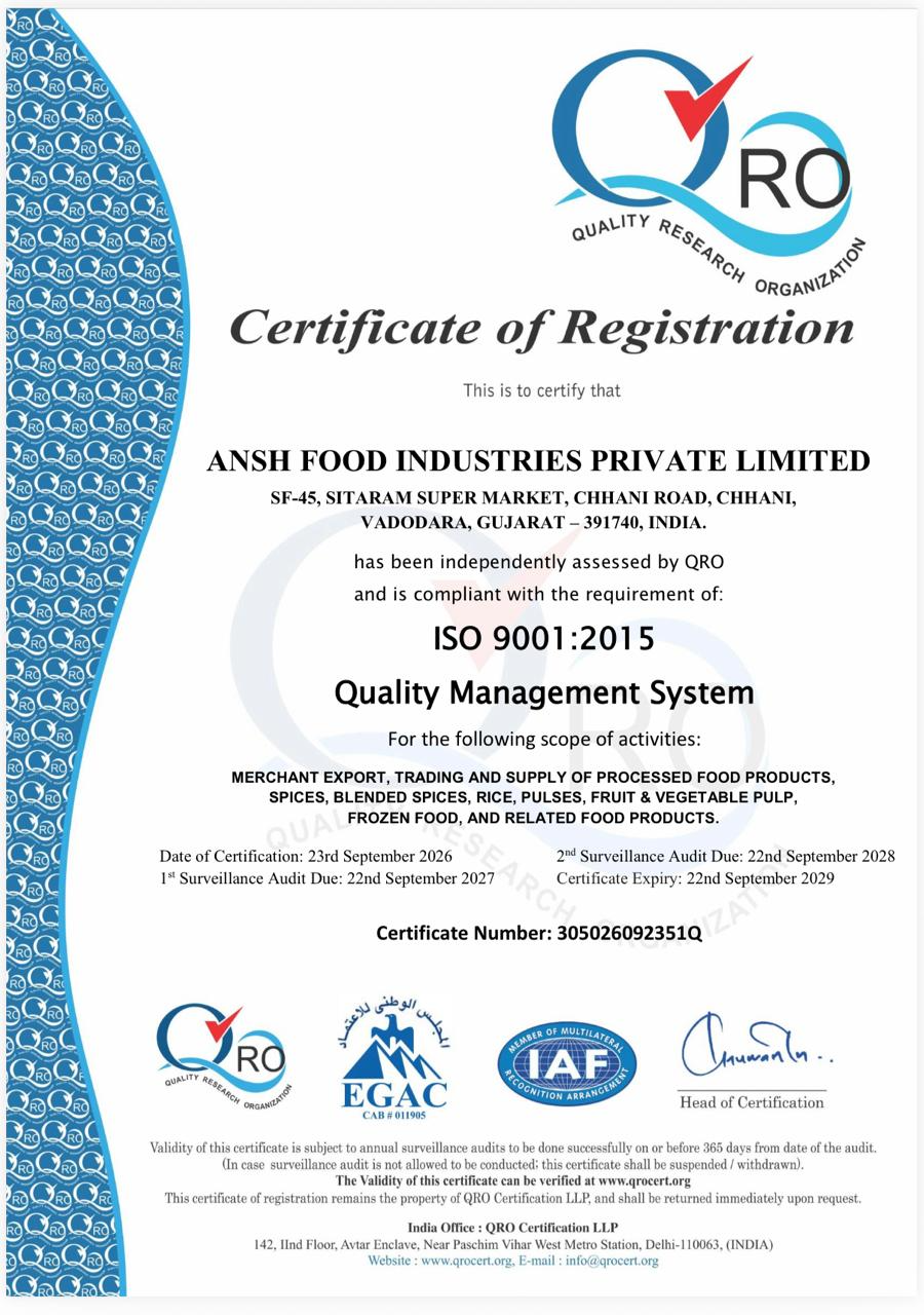 ISO 9001:2015 Certificate - Ansh Food Industries Private Limited
